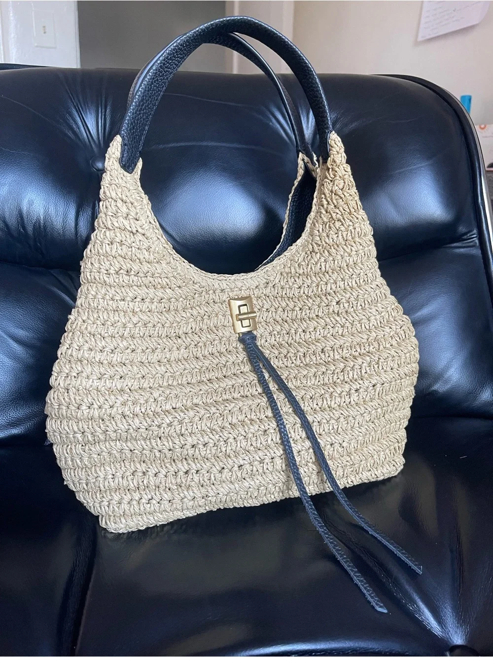 Rebecca Minkoff Darren Carrysome Raffia & Black Leather Shoulder Bag with Tags